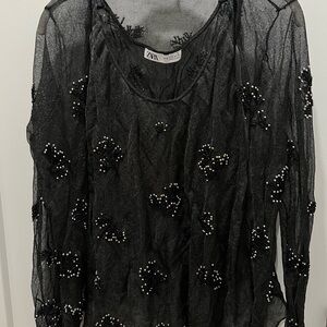 Zara Set Black Sheer Beaded Top + Jacket